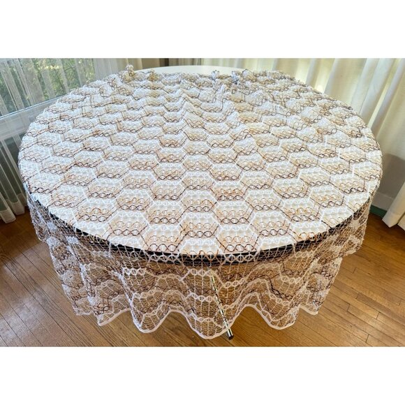 Vintage 70s pleated curtain, tan brown honeycomb pattern, open weave mesh panel - Picture 1 of 8